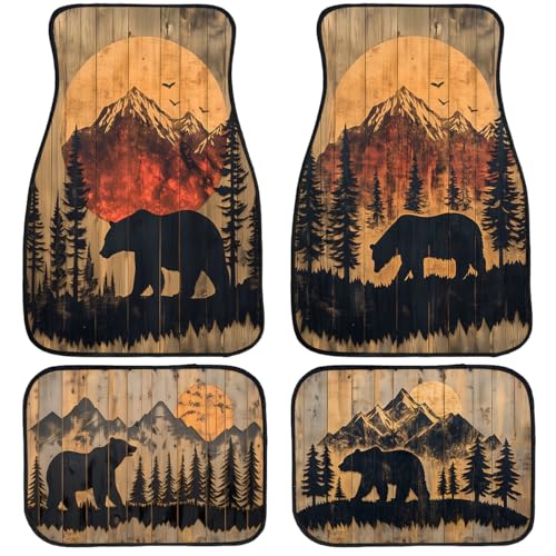 Bear Car Floor Mats Set of 4 Mountain Sunset Forest Silhouette Rustic Automotive Foot Mats Rugs Carpet for Car Non-Slip Auto Car Accessories Universal Fit Car Accessories for Truck - color: Rustic Bear