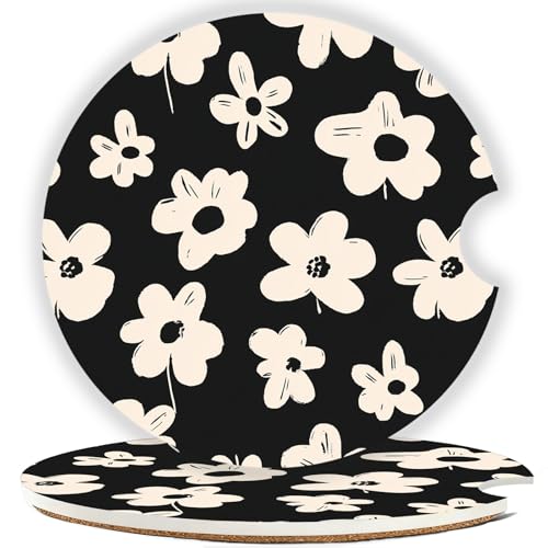 Car Cup Holder Coaster Set of 2, 2.56 in Ceramic Coasters, Scratch-Resistant Cork Backing, Finger Groove Design for Easy Placement, Cute Car Accessories Interior for Women (White Flowers) - color: White Flowers