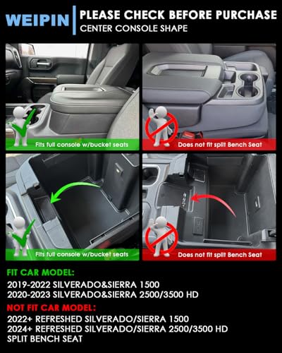 Silverado Sierra Center Console Organizer - Compatible with 2019-2022 Chevy Silverado/GMC Sierra 1500 and 2020-2023 Silverado/Sierra 2500HD 3500HD Armrest - (Full Console w/Bucket Seats ONLY) - Black - color: (19-22)Full Console w/Bucket Seats-Black