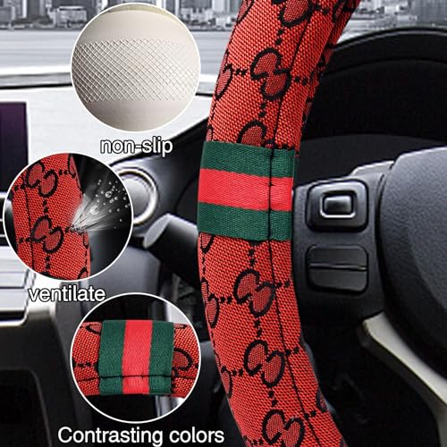 5PCS Steering Wheel Cover, with 2 Headrests, 2 Seat Belt Covers - Universal Fit for 14.5-15" Steering Wheel, Enhances Driving Experience - Perfect for Women (Red) - color: Red