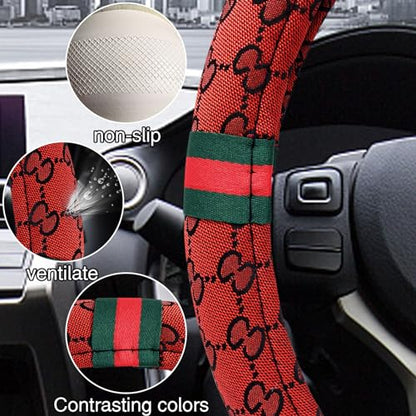 5PCS Steering Wheel Cover, with 2 Headrests, 2 Seat Belt Covers - Universal Fit for 14.5-15" Steering Wheel, Enhances Driving Experience - Perfect for Women (Red) - color: Red