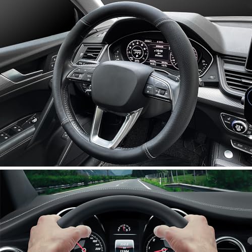 LKWLIKEI Nappa Premium Leather car Steering Wheel Cover, Non-Slip, Breathable, Universal 15 inches (red Blue line) - color: Black (red blue line)