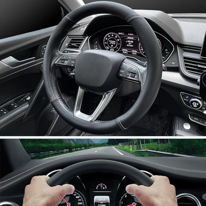 LKWLIKEI Nappa Premium Leather car Steering Wheel Cover, Non-Slip, Breathable, Universal 15 inches (red Blue line) - color: Black (red blue line)