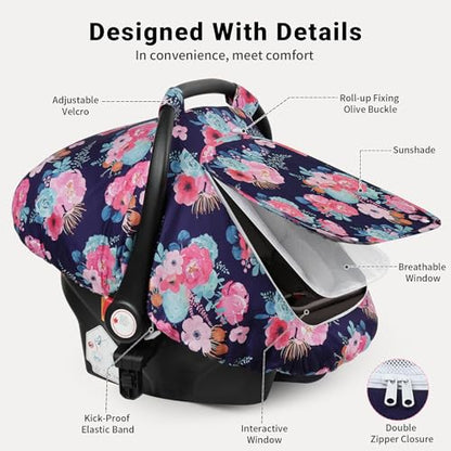 Elstey Car Seat Cover Baby, Minky Dot Carseat Covers Baby Boys Girls, Lightweight Infant Car Seat Cover Canopy with 2 Layers Breathable Mesh Windows, Stroller Carrier for Babies Newborn Essentials - color: Purple flowers