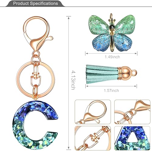 JINGUAZI Initial letter Keychains for Women Tassel Butterfly Pink Purple Cute Car Keychain for Wallet Backpack bag charm - color: C-blue Green
