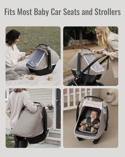 Blissful Diary Baby Car Seat Cover, Extra Large Mesh Window, Breathable Muslin Cotton, Infant Windproof Canopy, Agreeable Gray - color: Agreeable Gray