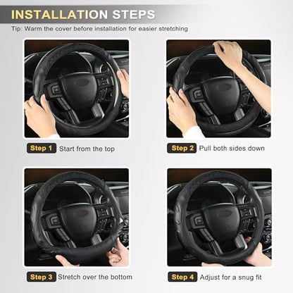 Black Seal Custom-Fit Steering Wheel Cover for Ford F-150, F-250, F-350, Expedition, 15.5–16", Anti-Slip PU Leather (Black+Red Line) - color: Black+Red Line