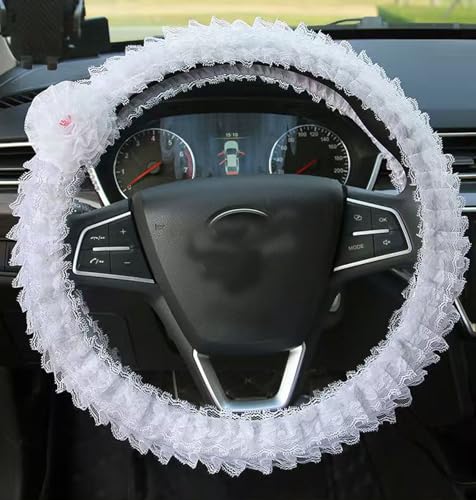 Steering Wheel Cover for Women with Laces Flower Graphic Soft Warm Interior Car Accessories Universal Fit 15" Wheel Protector for SUVs, Van, Trucks (White) - color: white