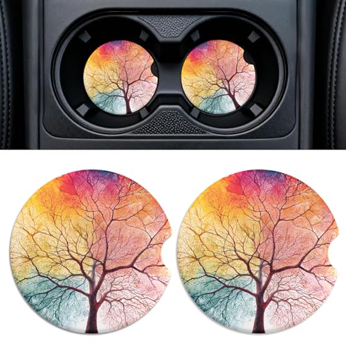 2 Pack Ceramic Car Coasters for Cup Holder, 2.56 in Anti Slip Absorbent Coaster with Cork Base and Finger Notch, Funny Cute Car Accessories for Women, Colorful Tree