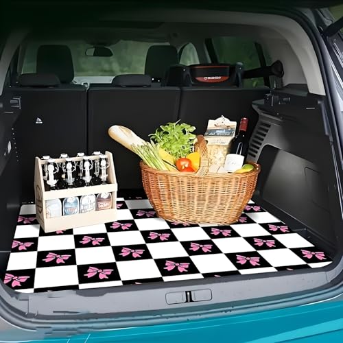 Universal Car Trunk Mat 29" x 39", Plaid and Pink Bow All Weather Trunk Protection Cargo Liner, Durable Cargo Mat Rear Trunk Liner, Stylish Vehicle Interior Accessories Suitable for Most Car Models - color: Plaid and Bow