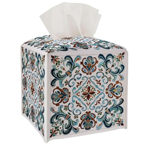 Tissue Box Cover Holder Square - Vintage Boho PU Leather Decorative Organizer, Ethnic Carpet Pattern Design Inspired, with Bottom Belt for Bathroom Car Office Tabletop Home, 5x5 Inch (Blue) - color: Blue