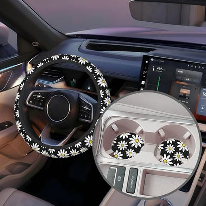 White Daisy Flowers Steering Wheel Cover with 2 Pcs Car Coasters Neoprene Steering Wheel Cover for Women Men Anti-Slip Breathable Car Accessories Universal 15 Inch Fit Auto Cars Trucks - color: White Daisy Flowers