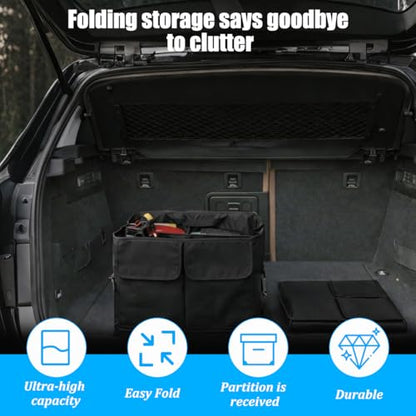 Car Trunk Organizer, Collapsible Waterproof Automotive Storage Cargo Organizer, Multi Compartment Portable Vehicle Container Box Accessories, Universal for Truck SUV Minivan (Black)