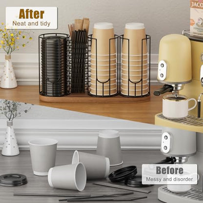 Coffee Cup Dispenser Rack with Wood Base, 18oz Cup Holder Organizer for Storing Paper Cups, Straws, Lids and Disposable Tableware(4-compartment) - color: Black 4-Compartment