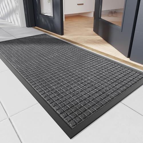 Durable Front Door Mat, 48" x 24" Heavy Duty Indoor Outdoor Doormat for Entryway, Non-Slip Rubber Backing, Stain and Fade Resistant Commercial Floor Mat for Home Office Entry - color: Gary-squares, size: 2' x 4' (Rectangular)