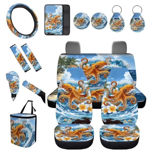 Forchrinse 15Pcs Car Seat Cover Hawaiian Octopus Front Back Seat Protector with Steering Wheel Cover+Seatbelt Pads+Coaster+Handbrake Gearshift Cover+Auto Trash Can for Most Vehicles - color: Hawaiian Octopus Printed