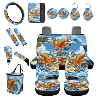Forchrinse 15Pcs Car Seat Cover Hawaiian Octopus Front Back Seat Protector with Steering Wheel Cover+Seatbelt Pads+Coaster+Handbrake Gearshift Cover+Auto Trash Can for Most Vehicles - color: Hawaiian Octopus Printed