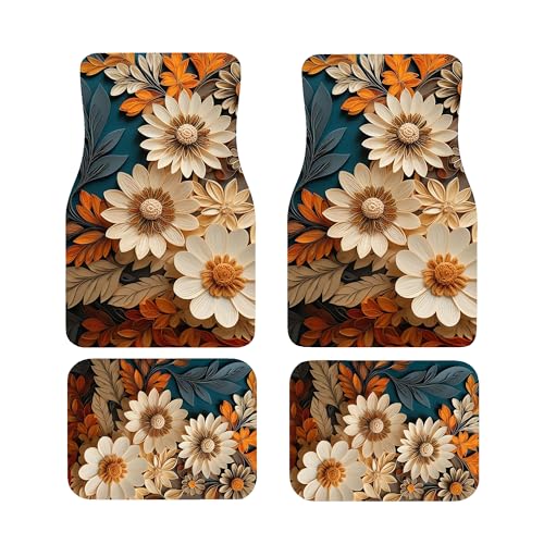 Artistic Fabric Car Floor Mats-Non-Slip Rubber Backing,Flower,Front (26.8x17.3in) & Rear (13x17.3in) Set-Water Absorbing, Durable Automotive Floor Liners with Stylish Patterns - color: Flower
