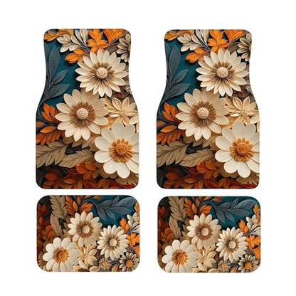 Artistic Fabric Car Floor Mats-Non-Slip Rubber Backing,Flower,Front (26.8x17.3in) & Rear (13x17.3in) Set-Water Absorbing, Durable Automotive Floor Liners with Stylish Patterns - color: Flower