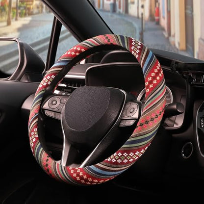 SEG Direct Boho Steering Wheel Cover with Baja Blanket Cloth, Ethnic Style Auto Wheel Cover Made of Coarse Flax, Fits 14 1/2-15 1/4 inches Car Wheel - color: Spring Flowers