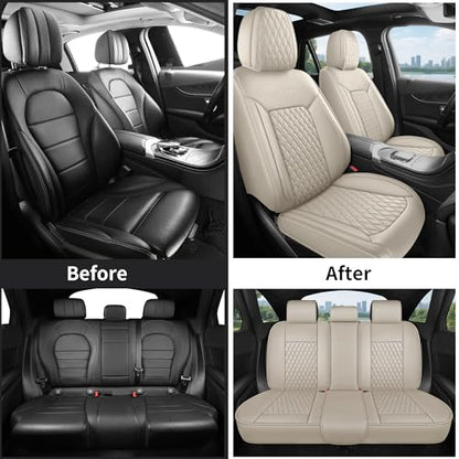 Beige Leather Car Seat Covers Full Set,High-Density Contoured Nappa Leather Universal Precision Fit Automotive Seat Covers,Waterproof Car Seat Protector,forros para asientos de carro,Style1 Beige - color: Beige Full Coverage