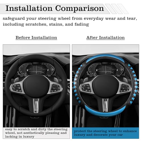 Car Leather Steering Wheel Cover - Carbon Fibre Material, Universal 14.5-15 Inch Leather Anti-Slip Breathable Auto Steering Wheel Covers for Men Women (3D Massage - Sky Blue) - color: 3D Massage - Sky Blue