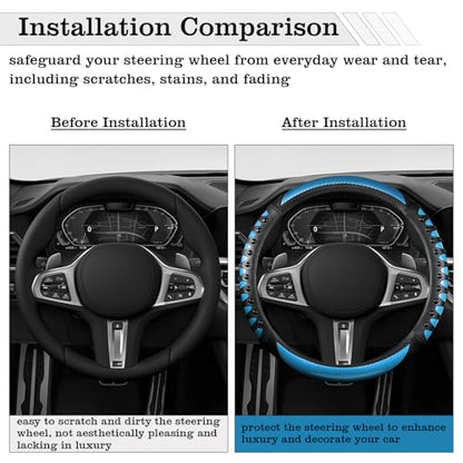 Car Leather Steering Wheel Cover - Carbon Fibre Material, Universal 14.5-15 Inch Leather Anti-Slip Breathable Auto Steering Wheel Covers for Men Women (3D Massage - Sky Blue) - color: 3D Massage - Sky Blue