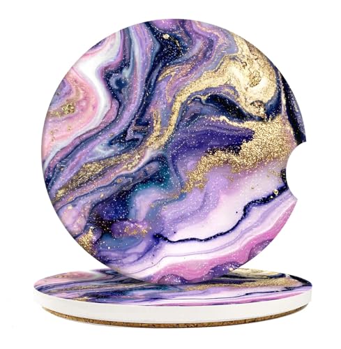 Britimes Car Coasters for Drinks Absorbent, 2 Pack Cup Holders, 2.56" Ceramic Stone & Non-Scratch Cork Base Coasters Cupholder, Auto Accessories for Women & Men, Marble Gold Natural Luxury Paint - color: Pink Purple