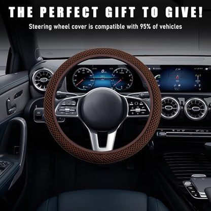 Wevdn Elastic Stretch Steering Wheel Cover, 15"×15" Microfiber Breathable Ice Silk Steering Wheel Protector, Anti-Slip Elastic Steering Wheel Cover for Men Women, Car Accessories (Brown) - color: Brown