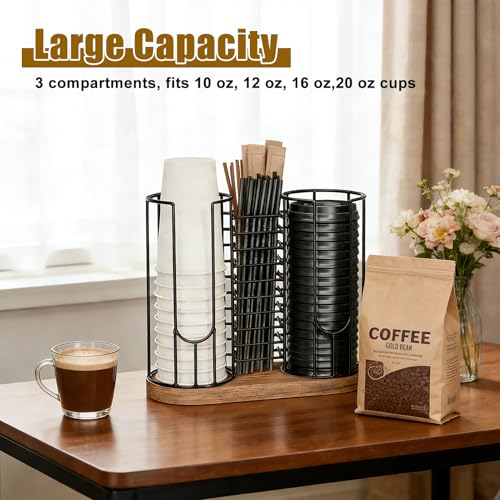 Coffee Cup Dispenser Rack with Wood Base, 18oz Cup Holder Organizer for Storing Paper Cups, Straws, Lids and Disposable Tableware(3-compartment) - color: Black 3-Compartment