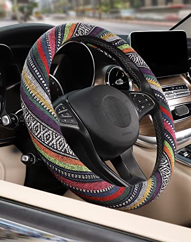 SEG Direct Boho Steering Wheel Cover with Baja Blanket Cloth, Ethnic Style Auto Wheel Cover Made of Coarse Flax, Fits 14 1/2-15 1/4 inches Car Wheel - color: Colorful Windmill