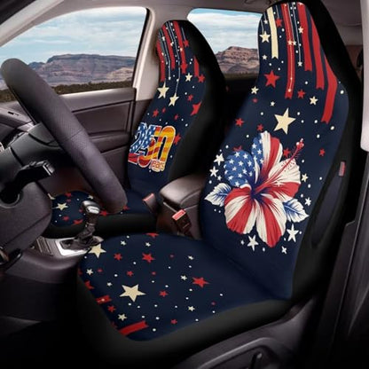 250th Anniversary Car Front Seat Cover Set of 2, Hibiscus Printed Waterproof Front Car Seat Cover Airbag Compatible, All Weather Protector, Universal Fits Auto Interior Accessories - color: Blue and Red - 250th Anniversary Hibiscus
