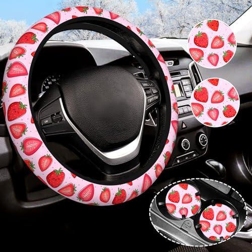 Cute Pink Strawberry Steering Wheel Cover for Women Men with 2 Pcs Car Coasters, Universal 14.5-15 Inch Rainbow Steering Wheel Covers Non-Slip Car Accessories for Girls - color: Starwbrry022