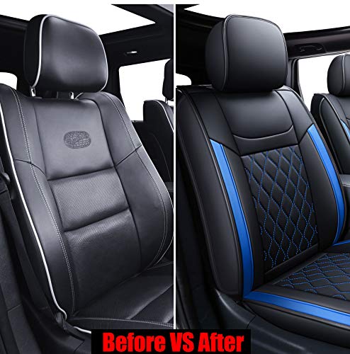 Huidasource Grand Cherokee Seat Covers, Waterproof Leather Customized Car Seat Cushion Covers, Full Set Seat Protector Compatible with Grand Cherokee 2011-2022, (5 Pcs Full Set/Black&Blue) - color: Full Set/Blue, size: Old Version