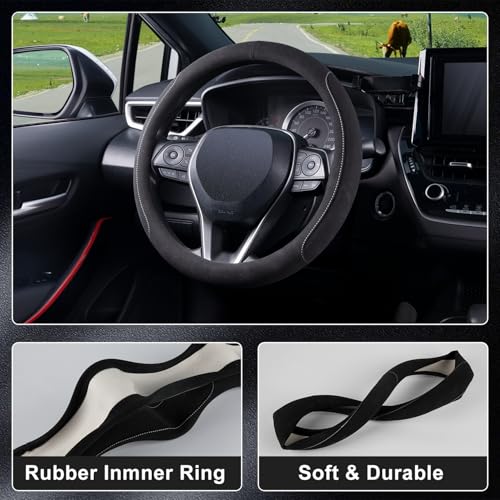 15 inch Microfiber Suede Car Steering Wheel Cover, Universal Anti-Slip Grip Protector for SUV Truck, Black