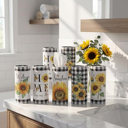 12 Pack Sunflower Tissue Boxes for Car Cylinder Bulk Black White Plaid Flower Round Cylinder Holder with 3 Ply Facial Tissues for Spring Summer Travel Bathroom Office Decoration - style: Sunflower