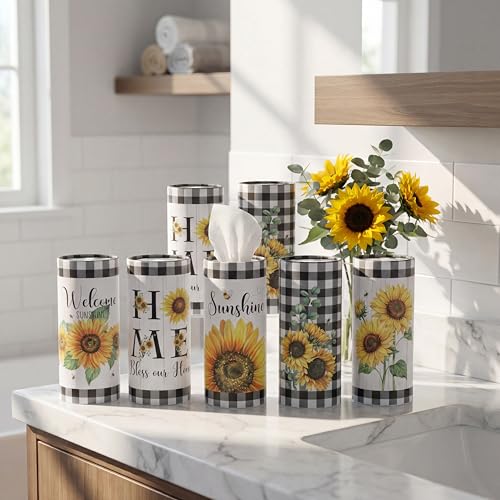 12 Pack Sunflower Tissue Boxes for Car Cylinder Bulk Black White Plaid Flower Round Cylinder Holder with 3 Ply Facial Tissues for Spring Summer Travel Bathroom Office Decoration - style: Sunflower