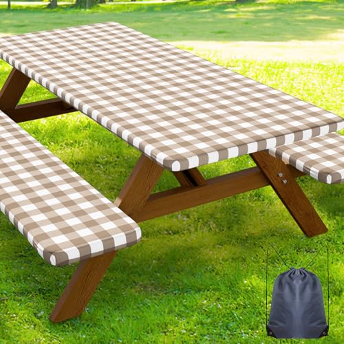 Smiry Picnic Table Cover with Bench Covers, Waterproof Elastic Fitted Tablecloths for 5 Foot Rectangle Tables, Washable Buffalo Plaid Tablecloth for Camping, Outdoor (Khaki & White, 30"x60") - color: Khaki and White, size: 30" x 60"