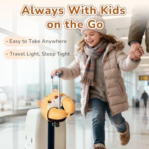Certified to ASTM & CPSIA Standards–Kids Travel Neck Pillow with Hood,Memory Foam Airplane Pillow,Double-Sided, Cute Design, Cooling Ice Silk & Soft Plush, Adjustable, Portable & Washable for Flights