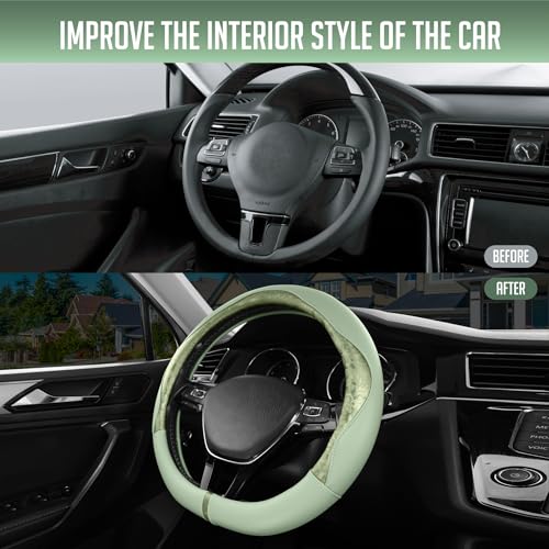 PIC AUTO Steering Wheel Cover, Green Patterned Leather Patchwork Design, Universal Fit 14.5"–15.5" D-Shape Steering Cover, Soft PU Grain Leather, Durable Grip Car Accessory for Girls & Women - color: Fits D-Shape Green