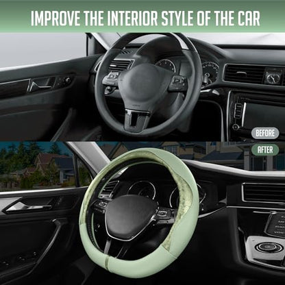 PIC AUTO Steering Wheel Cover, Green Patterned Leather Patchwork Design, Universal Fit 14.5"–15.5" D-Shape Steering Cover, Soft PU Grain Leather, Durable Grip Car Accessory for Girls & Women - color: Fits D-Shape Green