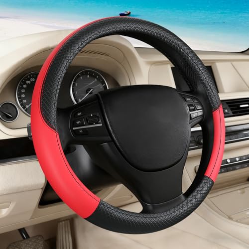 Black & Red Car Steering Wheel Cover, Microfiber, Leather Patchwork, Universal 14.5-15 Inch Leather Anti-Slip Breathable Auto Steering Wheel Covers for Men Women - color: Black & Red