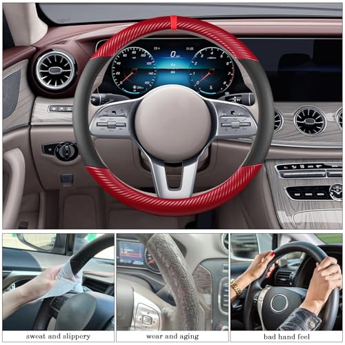 Black & Red Carbon Fiber Leather Steering Wheel Cover, Microfiber Leather, Anti-Slip, Breathable, Universal Fit for 14.5–15 in Steering Wheel Cover for Men Women - color: Splicing Carbon Fiber - Black and Red