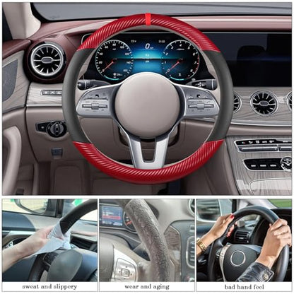 Black & Red Carbon Fiber Leather Steering Wheel Cover, Microfiber Leather, Anti-Slip, Breathable, Universal Fit for 14.5–15 in Steering Wheel Cover for Men Women - color: Splicing Carbon Fiber - Black and Red