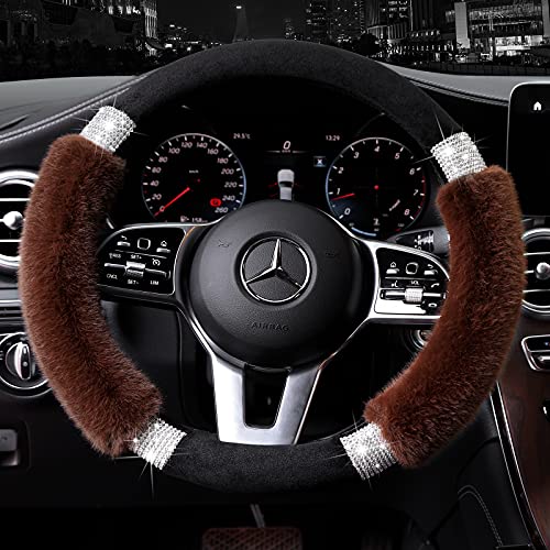 Achiou Rhinestone Fluffy Steering Wheel Cover - Comfortable Non-Slip Luxury Faux Wool, Universal Fit for 14.5" to 15" Steering Wheels - color: Black and Coffee