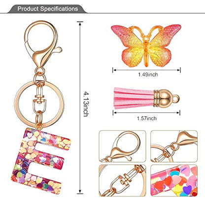 JINGUAZI Initial letter Keychains for Women Tassel Butterfly Pink Purple Cute Car Keychain for Wallet Backpack bag charm - color: E-pink