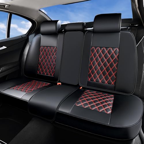 Huidasource Rear Seat Cover, Nappa Leather Back Seat Cover Velcro Adjustable, Compatible with Armrests, Seat Belts, Child Safety Seats, Fit for Most Cars SUVs Trucks (Back Row/Black&Red) - color: 01R# Black & Red01, size: Back Seat Cover