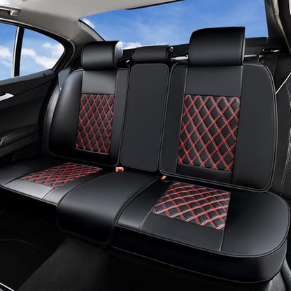 Huidasource Rear Seat Cover, Nappa Leather Back Seat Cover Velcro Adjustable, Compatible with Armrests, Seat Belts, Child Safety Seats, Fit for Most Cars SUVs Trucks (Back Row/Black&Red) - color: 01R# Black & Red01, size: Back Seat Cover