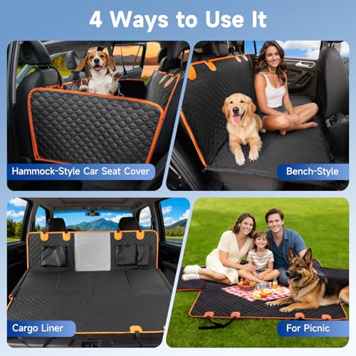 Dog Car Seat Cover for Back Seat Waterproof Oxford Fabric, Hard Bottom Back Seat Extender for Dogs Scratchproof, Dog Hammock for Car with Mesh Window, Fit Most Cars Small Trucks, Black Orange