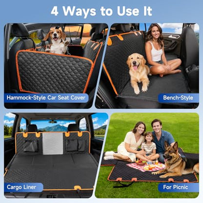 Dog Car Seat Cover for Back Seat Waterproof Oxford Fabric, Hard Bottom Back Seat Extender for Dogs Scratchproof, Dog Hammock for Car with Mesh Window, Fit Most Cars Small Trucks, Black Orange